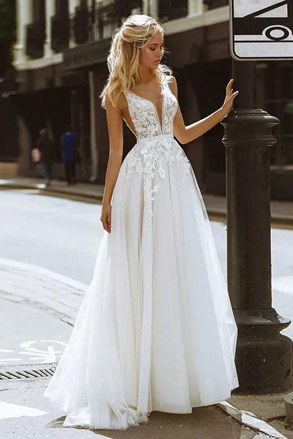 Wholesa Beach A-line V Neck Elegant Lace Wedding Dresses Bridal Gown