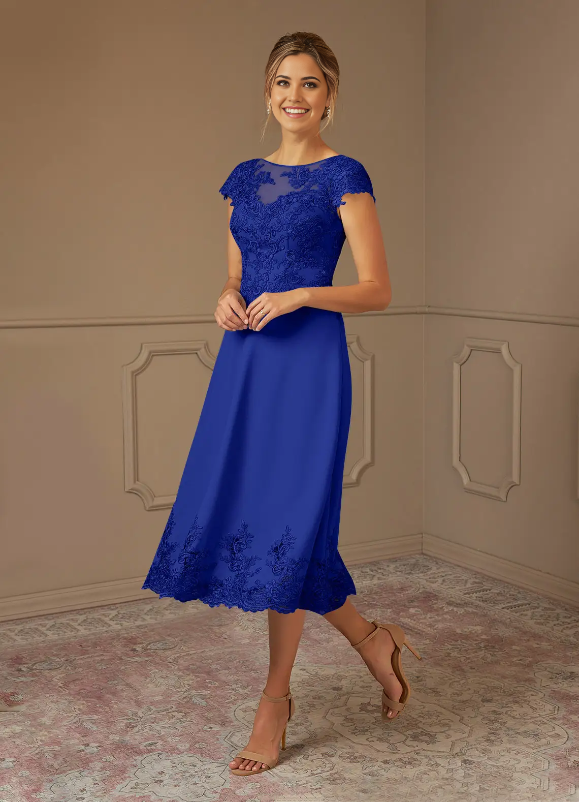 Wholesa A-Line Scoop Lace Lace Tea Length Royal Blue formal dresses evening dress Mother of the Bride Dresses