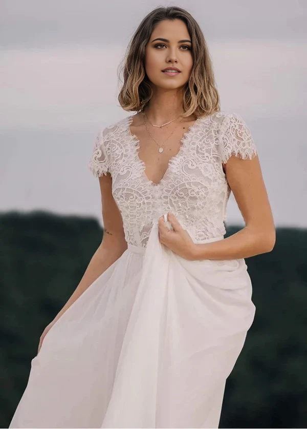 Wholesa Boho A-Line V-Neck Chiffon Through Lace Wedding Dress