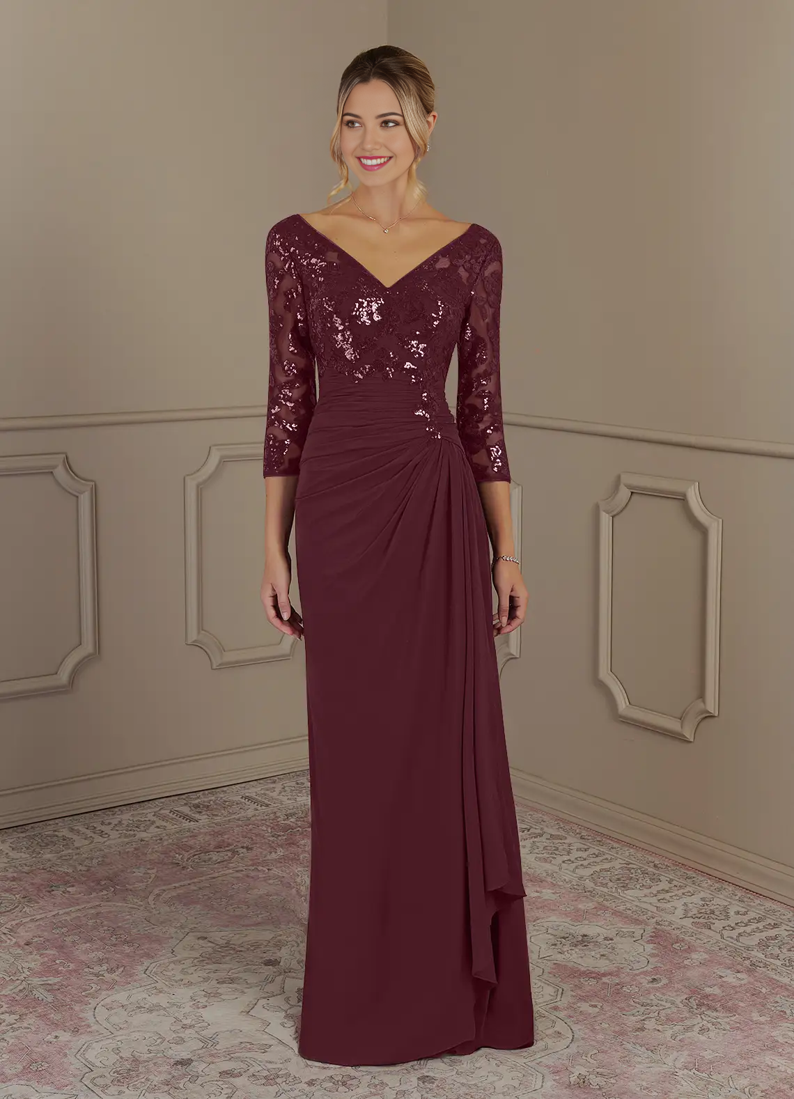 Wholesa Sheath V-Neck Lace Cabernet formal dresses evening dress Mother of the Bride Dresses