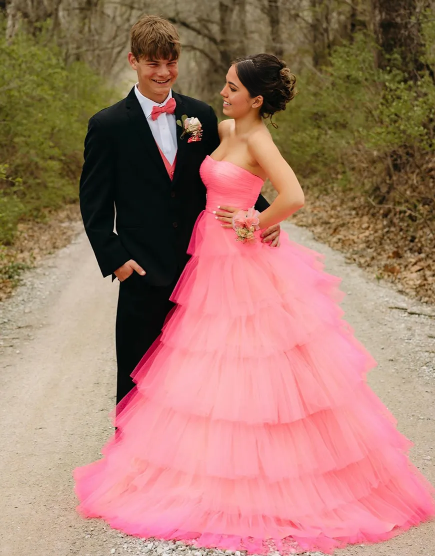 Wholesa A-Line Strapless Ruffles Tulle Light Pink Long formal dresses evening gown Prom Dress