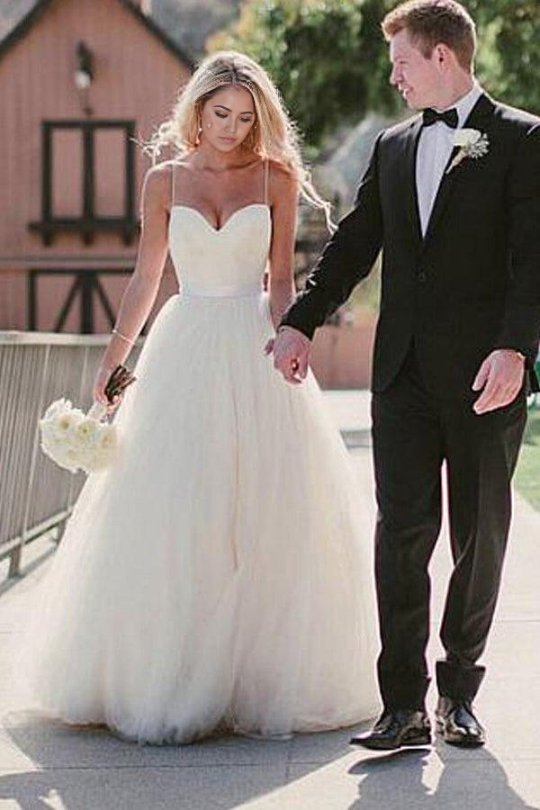 Wholesa A-line Tulle Sweetheart Spaghetti Strap Ivory Wedding Dress