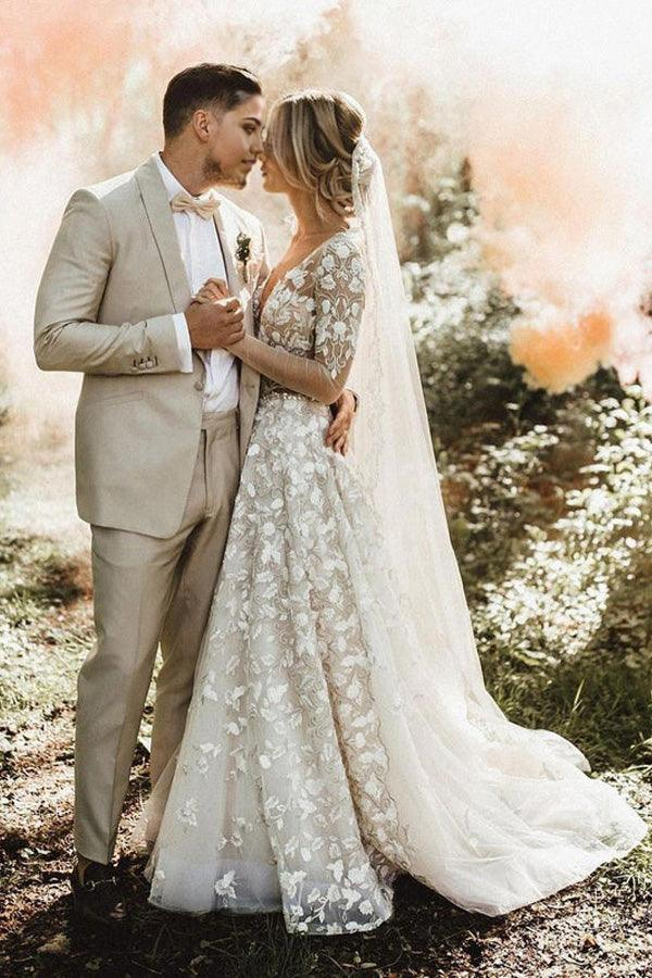 Wholesa A-line V Neckline Long Sleeves Lace Bridal Gowns Wedding Dresses