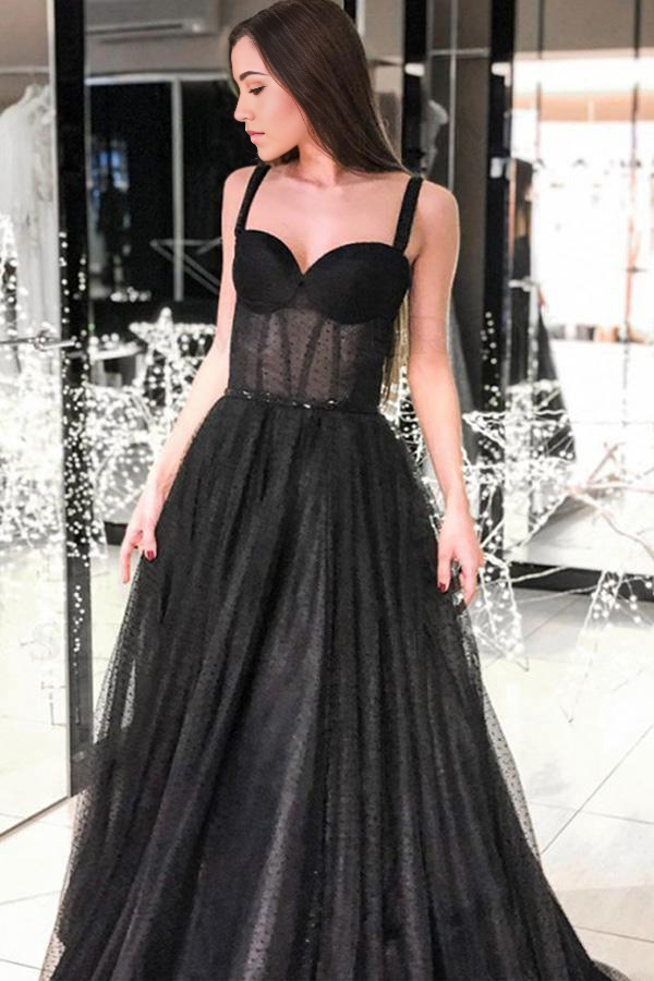 Wholesa A Line Sweetheart Straps Black Dot Tulle Prom Dresses with Beading