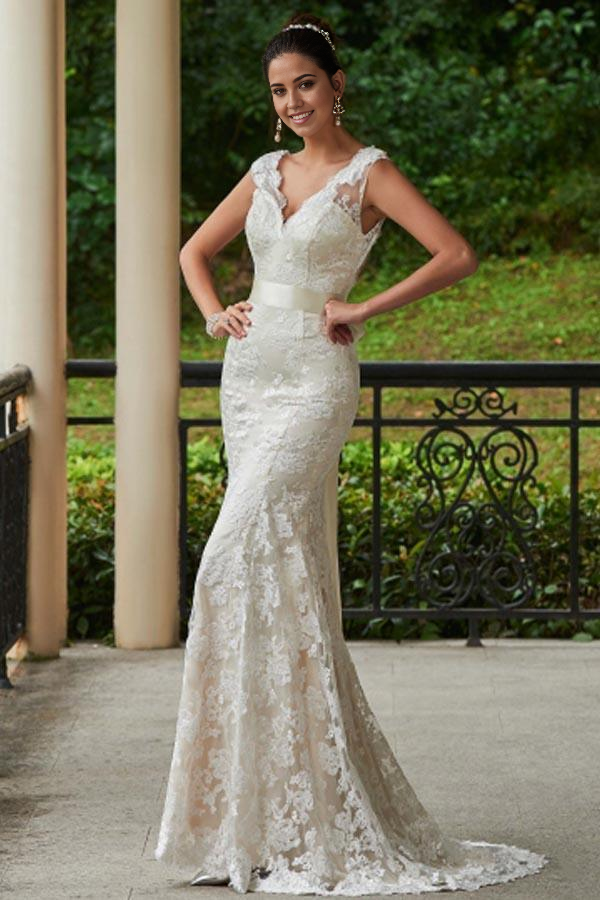 Wholesa Mermaid Sheath V-Neck Lace  Sweep Train Wedding Dress