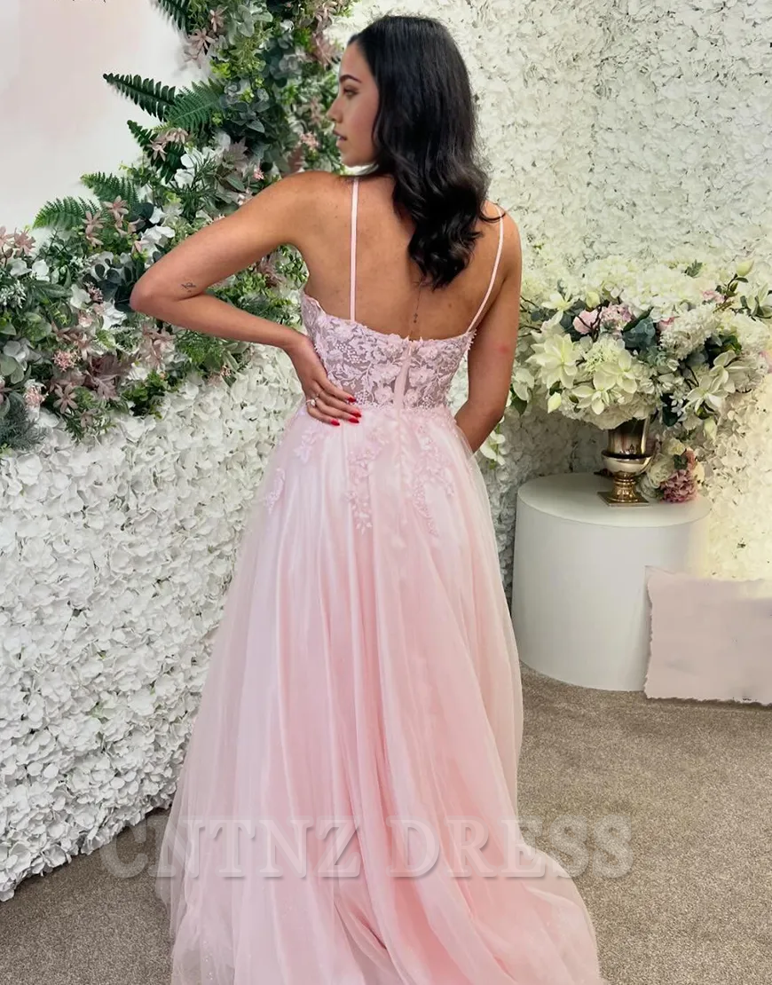 Wholesa A-Line Halter Laced Top Tulle Pink Long formal dresses Bridesmaid Dresses evening gown Prom Dress