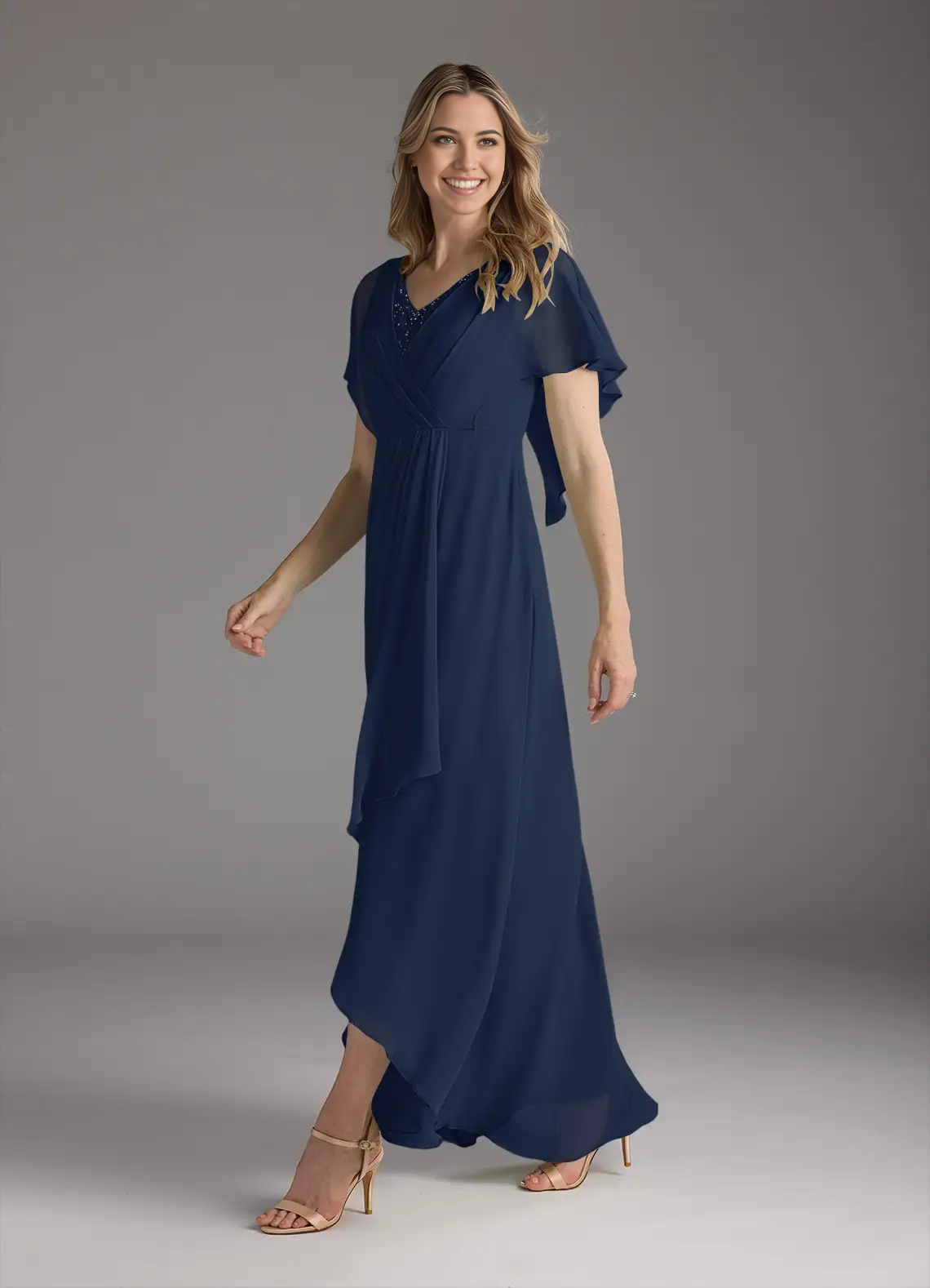 Wholesa A-Line V-Neck Pleated Chiffon Dark Navy formal dresses evening dress Mother of the Bride Dresses