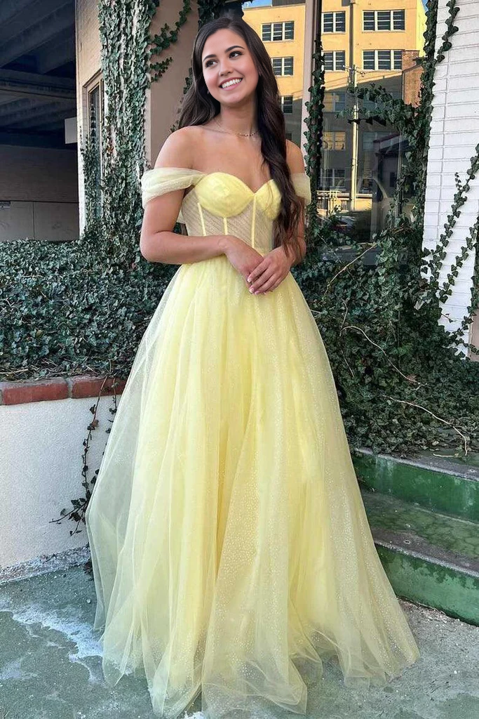 Wholesa A-Line Yellow Off-the-Shoulder Tulle Prom Dress Formal Dress