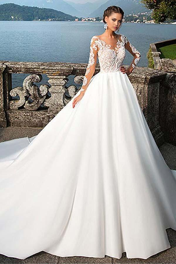 Wholesa A-Line Satin Bateau Lace Neckline Wedding Dresses With Appliques