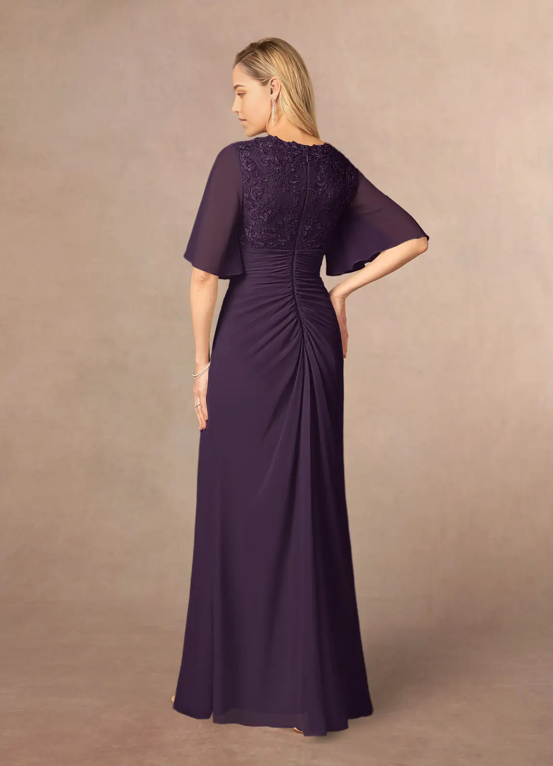 Wholesa A-Line V-Neck Lace Chiffon Appliques Plum Mother of the Bride Dresses