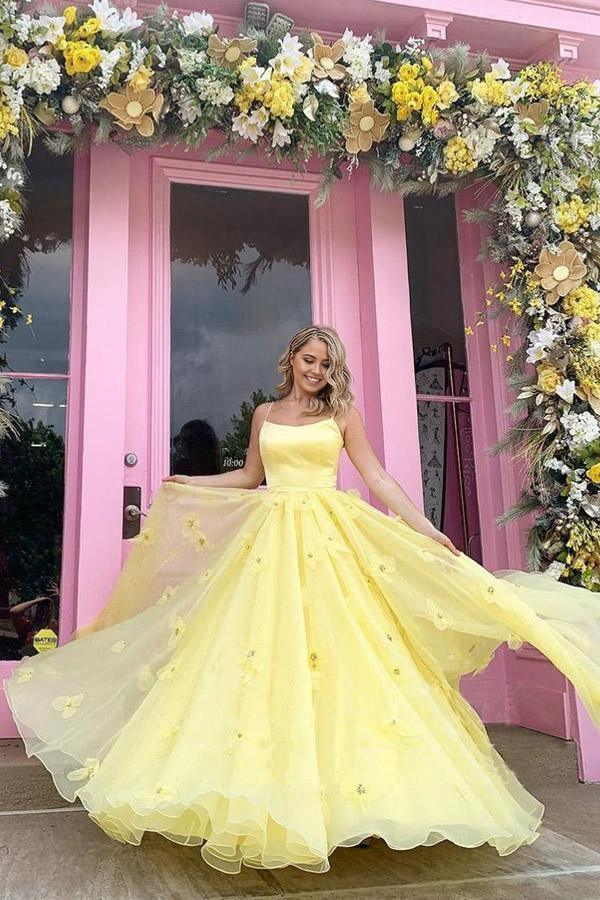 Wholesa A-line 3D Flowers Straps Tulle Bodice With Back Lace Up Yellow Long Prom Dress