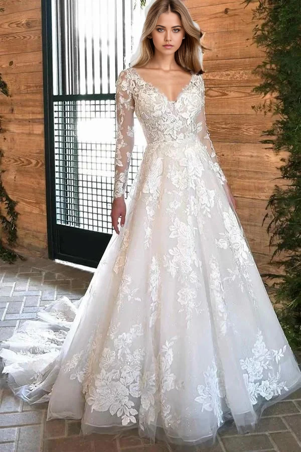 Wholesa Bohemian A-line Long Sleeve V-Neck Ivory Lace Country Style Wedding Dress