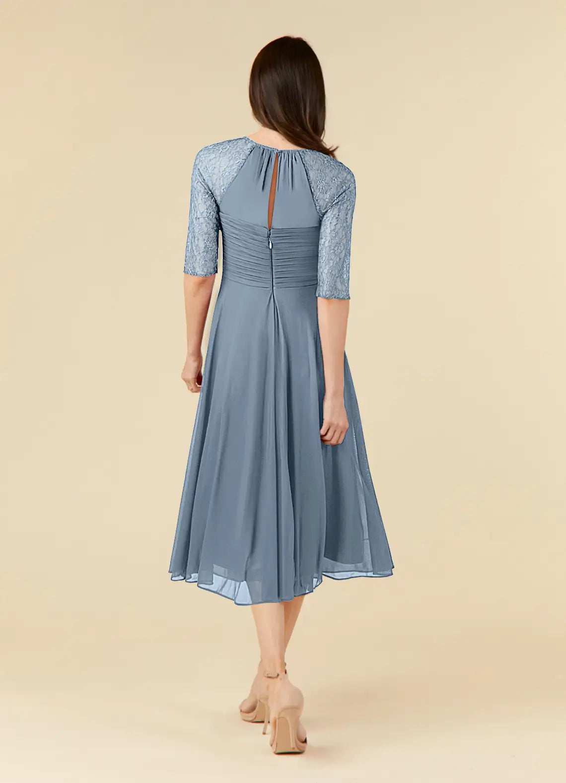 Wholesa A-Line Lace Tea Length Dusty Blue formal dresses evening dress Mother of the Bride Dresses