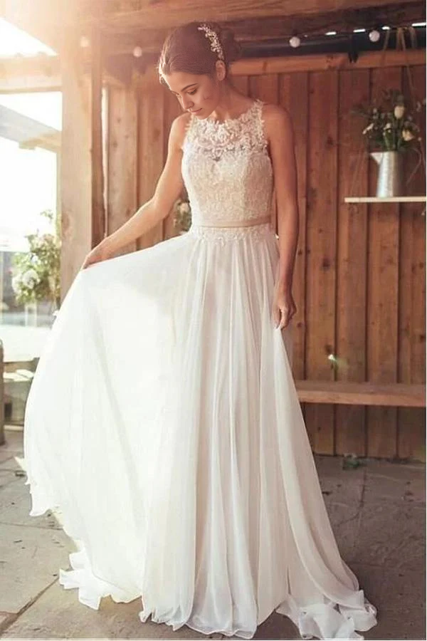 Wholesa Bohemian Beach Lace Sleeveless Round Neck Ivory Bridal Gown Wedding Dress with Train