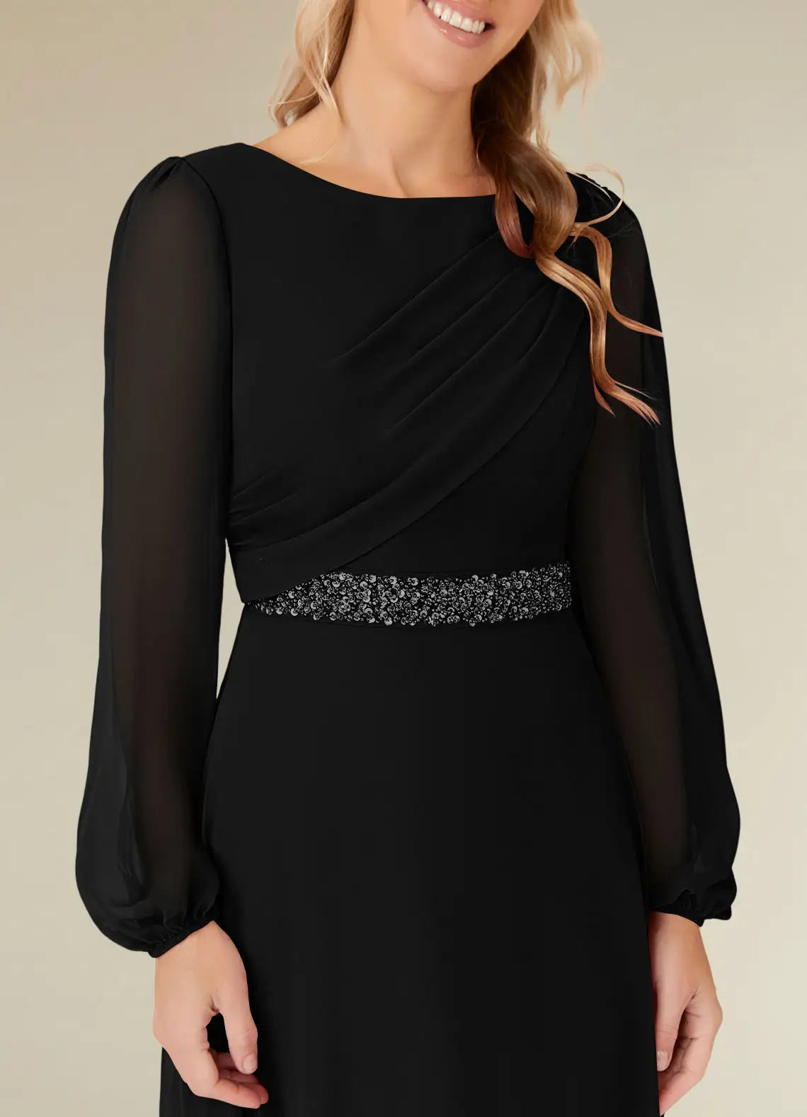 Wholesa A-Line Boatneck Pleated Chiffon Long Sleeve Black Mother of the Bride Dresses