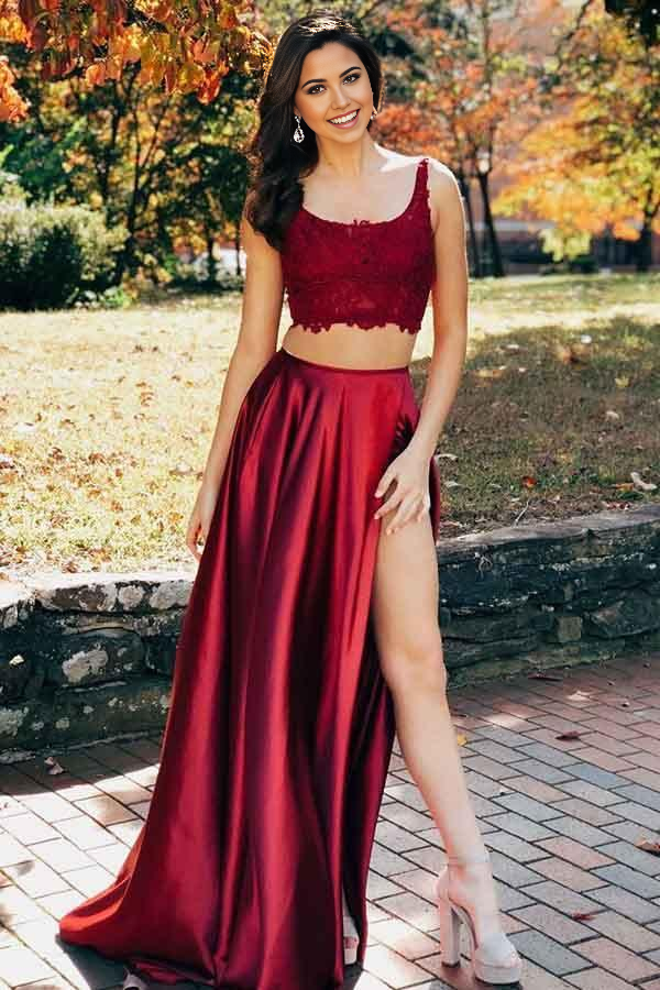 Wholesa Two Pieces Scoop Sleeveless Burgundy Split Criss Cross Back Prom Dress