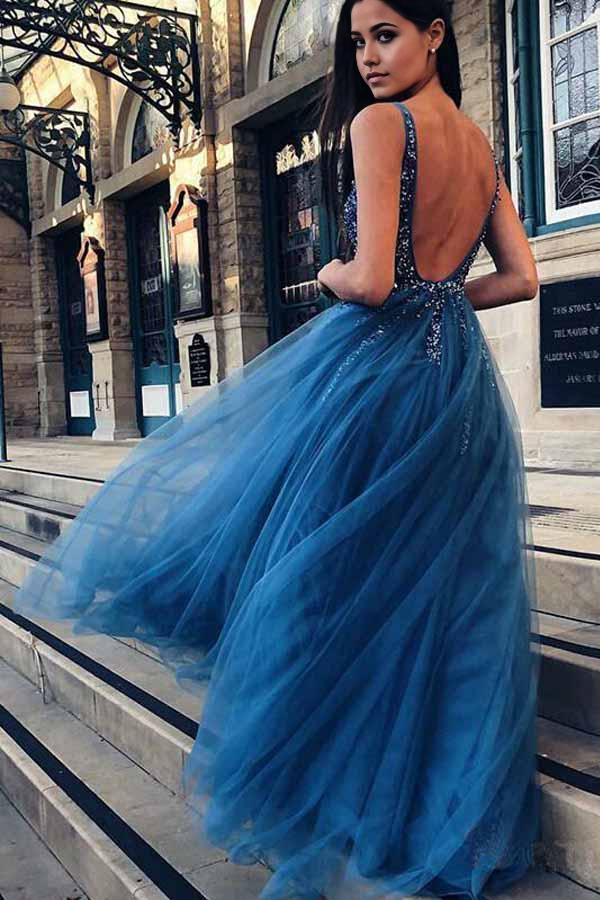 Wholesa A-Line V-Neck Appliques Tulle Backless Prom Dress with Sequins