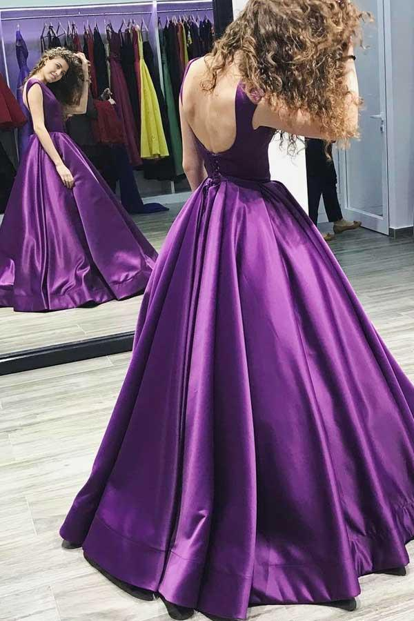 Wholesa A-line V-Neck Sweep Train Satin Sleeveless Backless Ball Gown Prom Dress