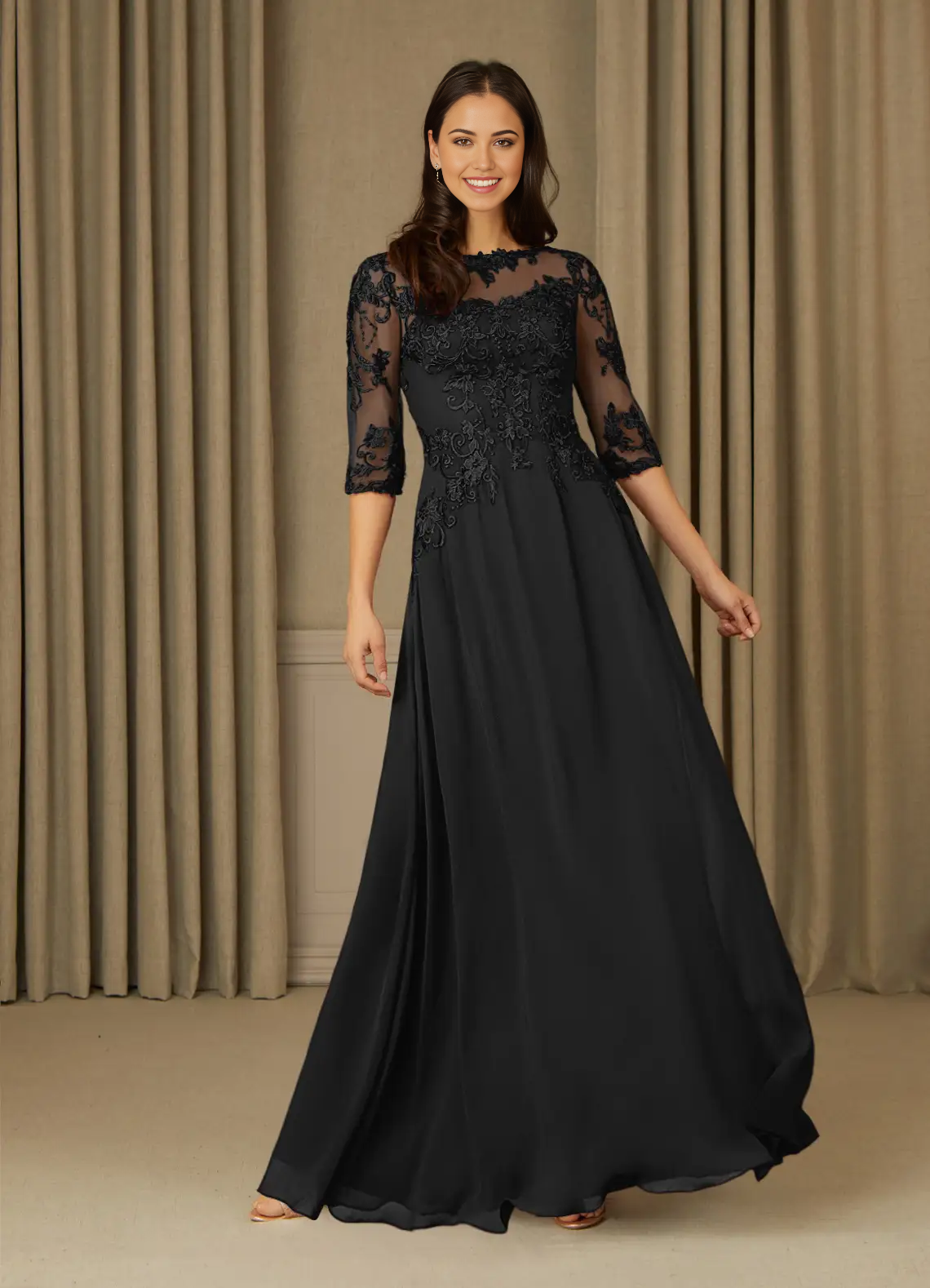 Wholesa A-Line Lace Chiffon Appliques Black formal dresses evening dress Mother of the Bride Dresses