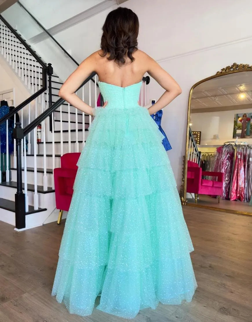Wholesa A-Line Strapless Ruffles Tulle Sky Blue Long formal dresses evening gown Prom Dress with Slit