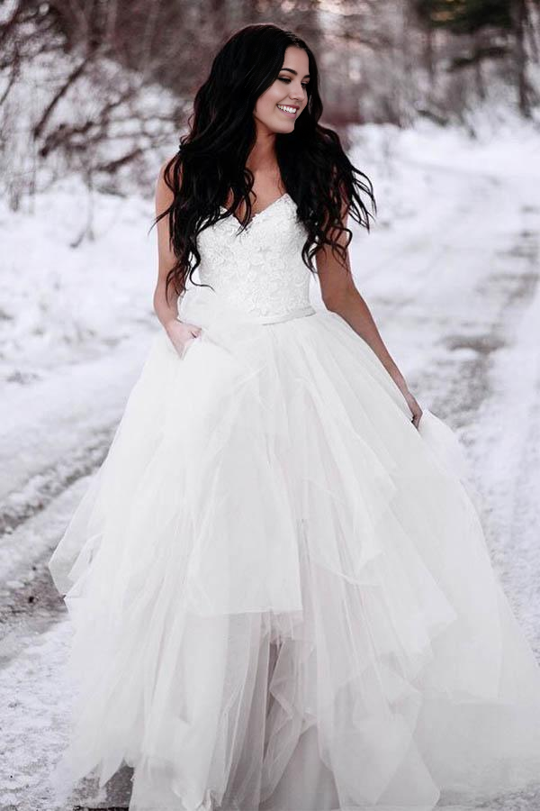 Wholesa A-Line Spaghetti Straps Asymetrical Wedding Dress with Lace