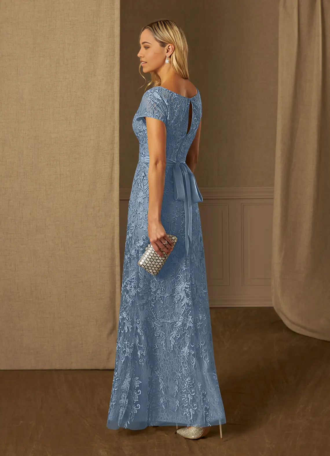 Wholesa Sheath Scoop Lace Appliques Short Sleeve Dusty Blue Mother of the Bride Dresses