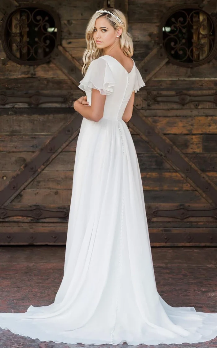 Wholesa A Line V-neck Chiffon Floor-length Train Short Sleeve Wedding Dress with Ruffles