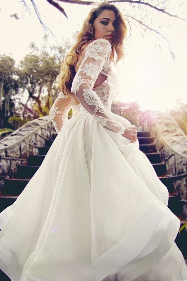 Wholesa A-line Glamorous V Neck Long Sleeves Lace Organza Wedding Dresses