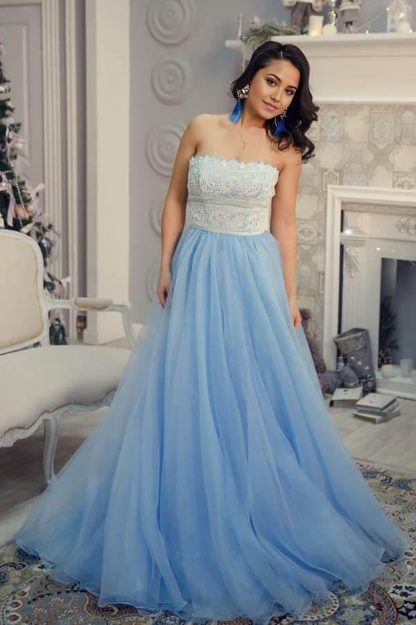 Wholesa A-Line Strapless Lace Floor-Length Light Blue Prom Dress with Beading