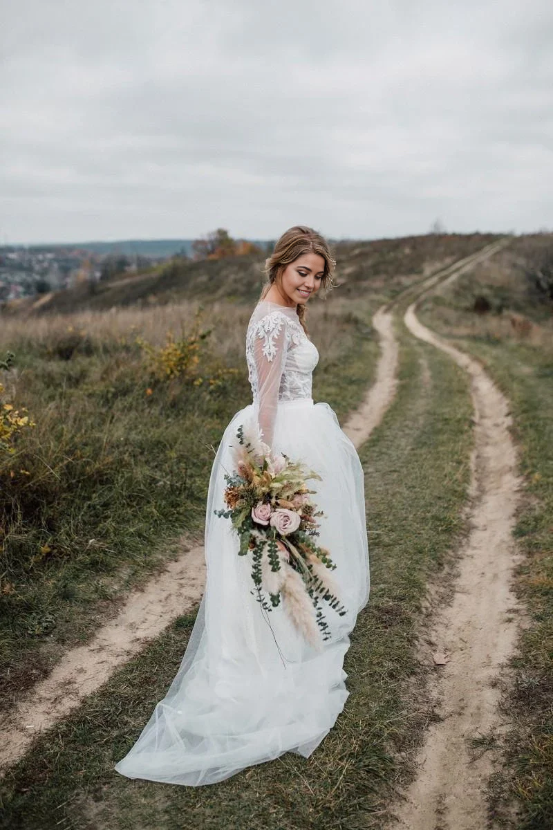 Wholesa Two Piece Bohemian Illusion Sleeves Lace Court Train Wedding Dress