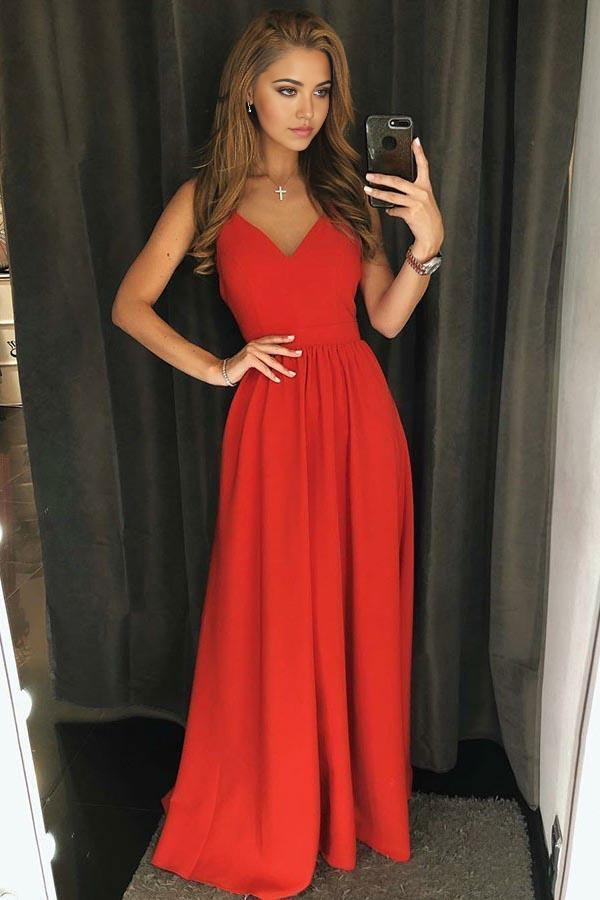 Wholesa A-Line V-Neck Backless Floor Length Red Satin Prom Dress