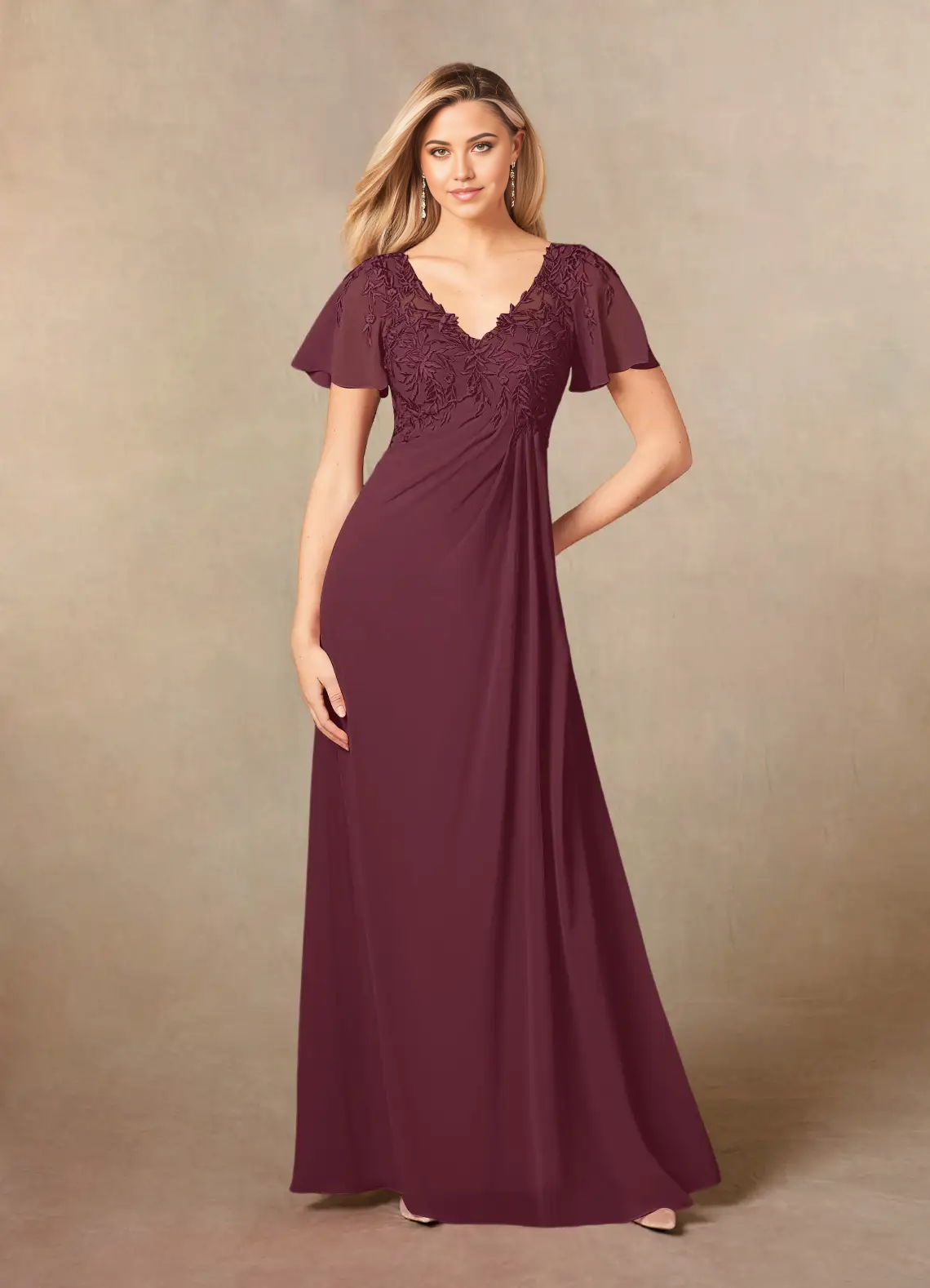 Wholesa A-Line V-Neck Lace Appliques Chiffon Cabernet formal dresses evening dress Mother of the Bride Dresses