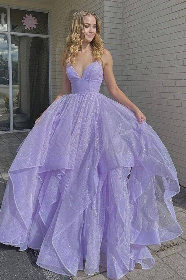 Wholesa A-line Simple V Neck Tulle Long Prom Dress Lilac Formal Dress