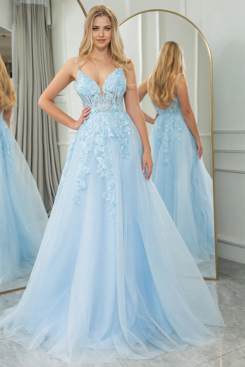 Wholesa A Line Backless Long Tulle Light Blue formal dress evening gown Prom Dress With Appliques