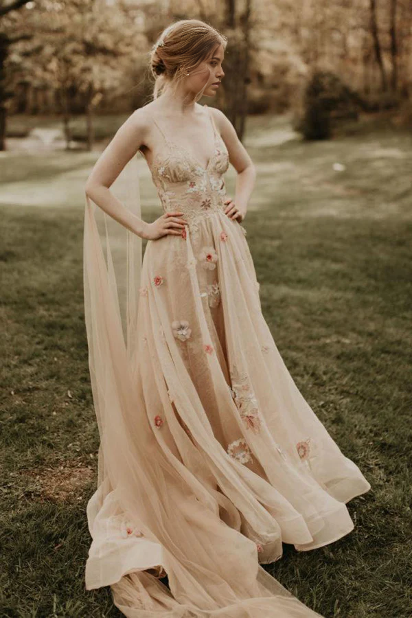 Wholesa A-line 3D Flower Colorful V Neck Tulle Forest Wedding Dresses