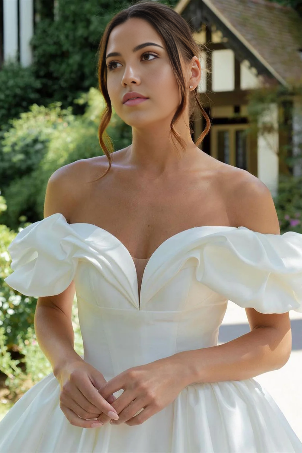 Wholesa A-line Puff Off-the-Shoulder V Neck Sweeping Long Wedding Dress
