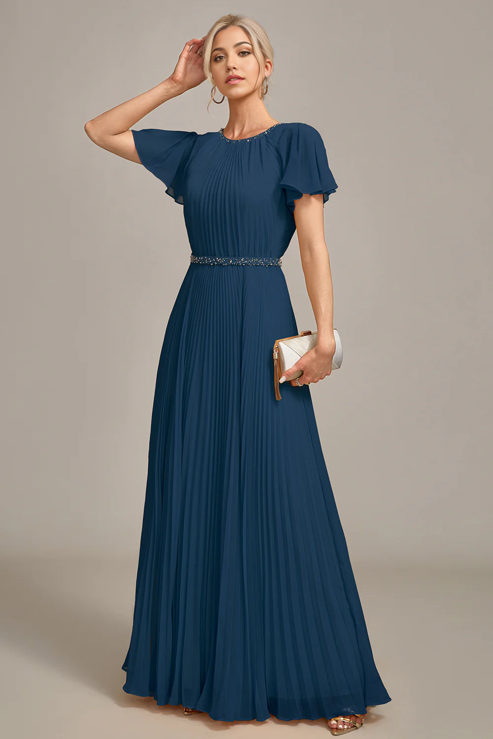Wholesa A-Line Round Neck Pleated Mother of Bride Dress With Short Sleeves