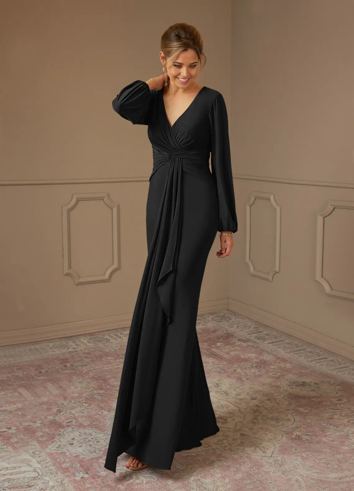 Wholesa Sheath Pleated Long Sleeve Black formal dresses evening dress Mother of the Bride Dresses