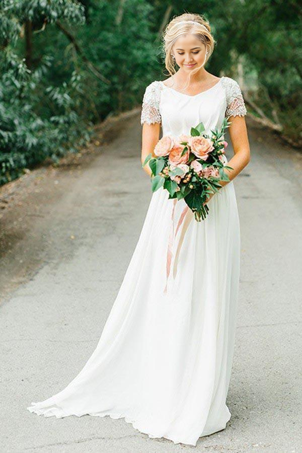 Wholesa A-line V-neck Chiffon Neckline Wedding Dress With Beadings