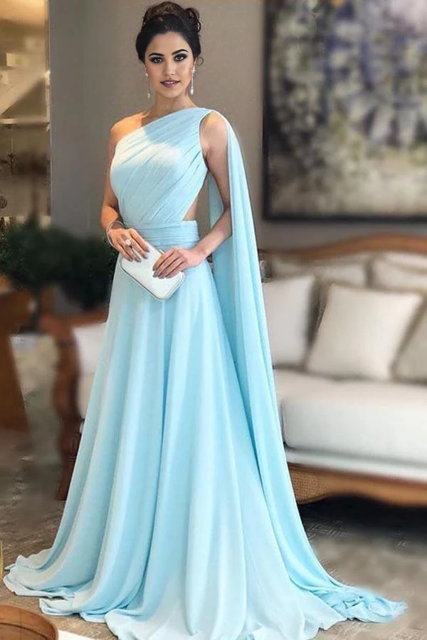Wholesa A-line One Shoulder Chiffon Pleats Sheer Illusion Back Light Blue Prom Gown
