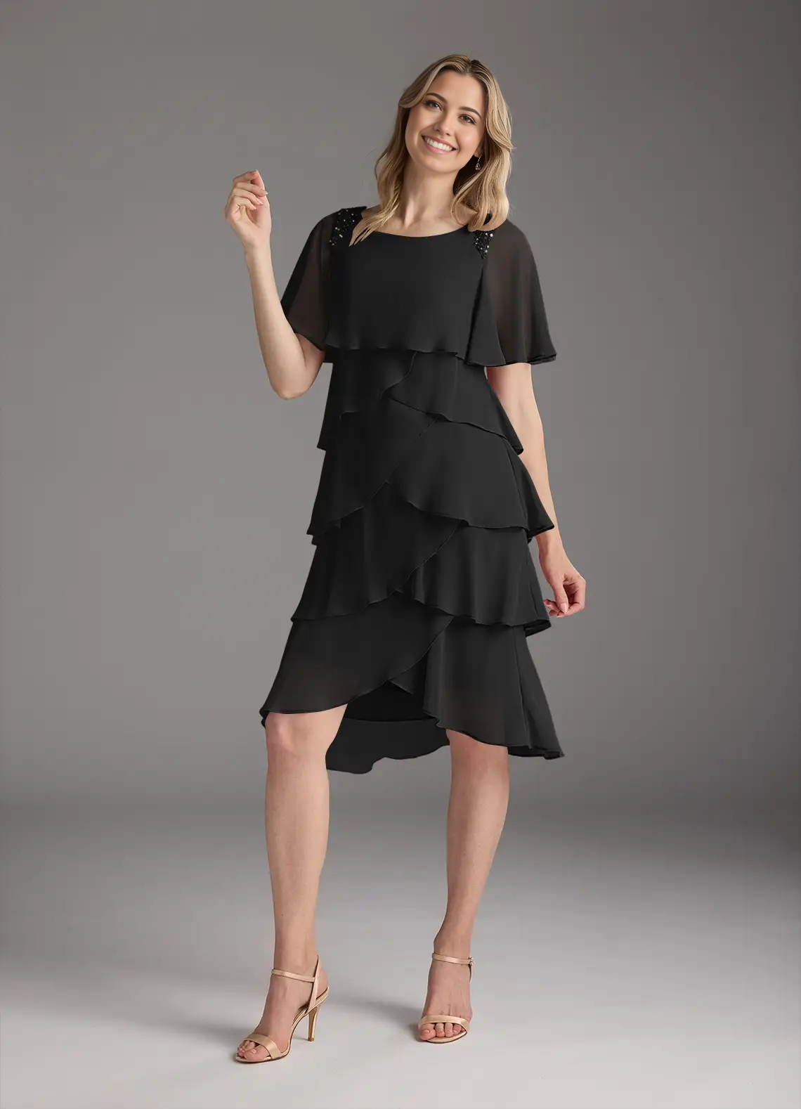 Wholesa A-Line Scoop Beaded Chiffon Black Tea Length formal dresses evening dress Mother of the Bride Dresses