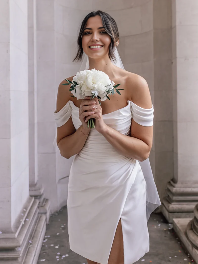 Wholesa Simple Off-the-Shoulder Short Satin Cowl Neck Formal Wedding Dress With Slit