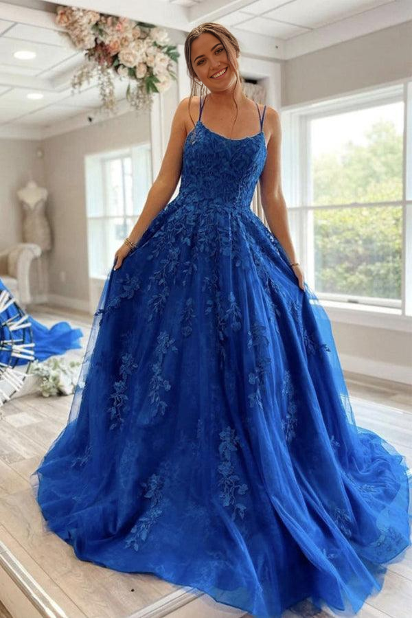 Wholesa A-line Round Neck Lace Blue Prom Dress Lace Up Evening Dress