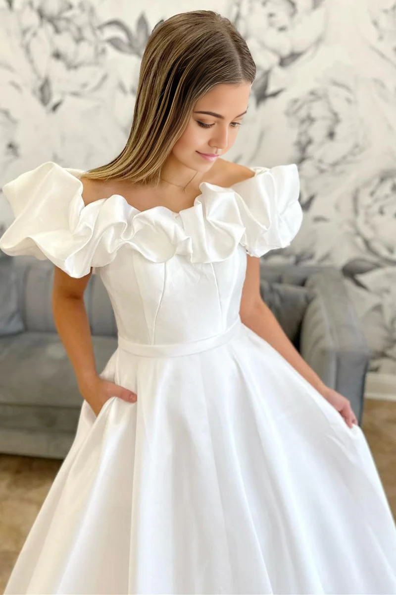 Wholesa A-line Off-the-Shoulder Ruffle Long Bridal Gown Wedding Dresses