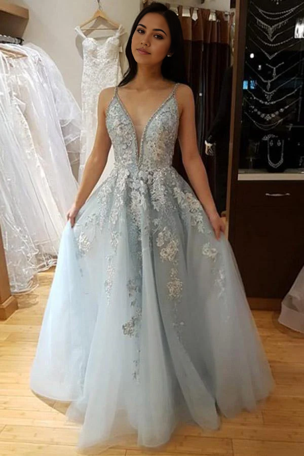 Wholesa A Line Spaghetti Straps Light Blue Prom Dress With Beading Appliques