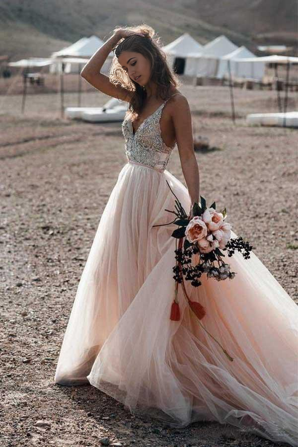 Wholesa A-line V-neck Sparkle Beading Backless Bridal Gowns Wedding Dresses