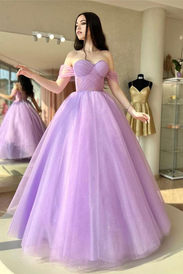 Wholesa A-Line Tulle Sweetheart Neck Purple Long Prom Dress Formal Dresses