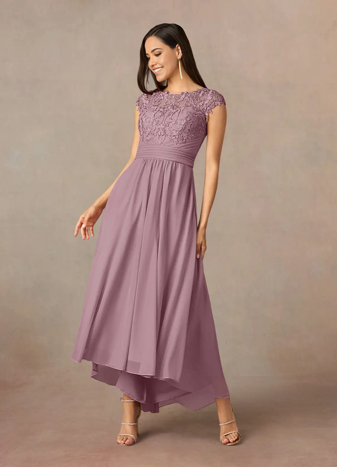 Wholesa A-Line Crew Neck Lace Dusty Rose formal dresses evening dress Mother of the Bride Dresses