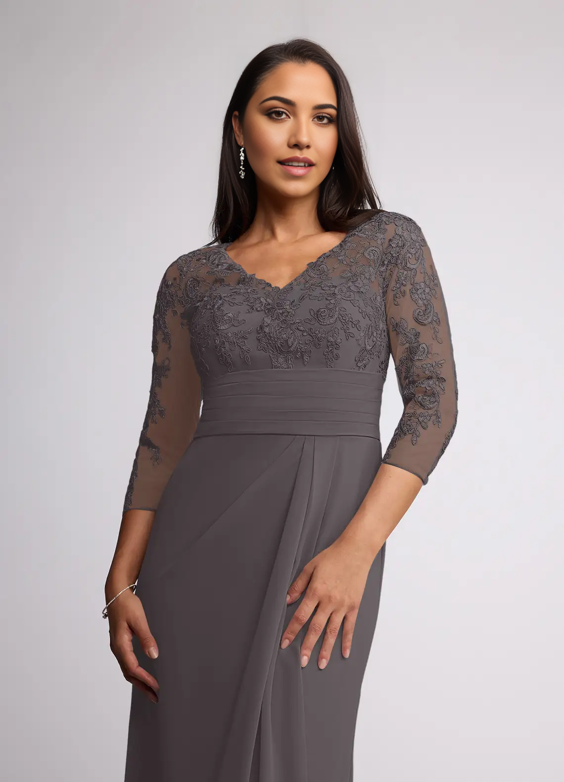 Wholesa Sheath V-Neck Lace Chiffon Steel Grey formal dresses evening dress Mother of the Bride Dresses
