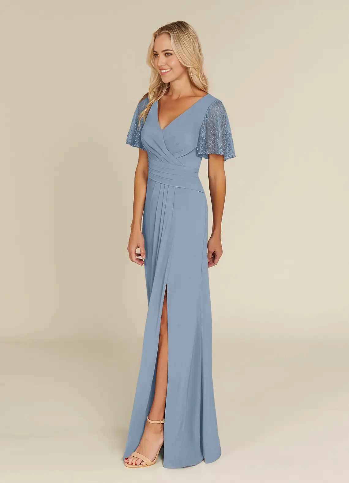 Wholesa A-Line V-Neck Lace Chiffon Dusty Blue formal dresses evening dress Mother of the Bride Dresses